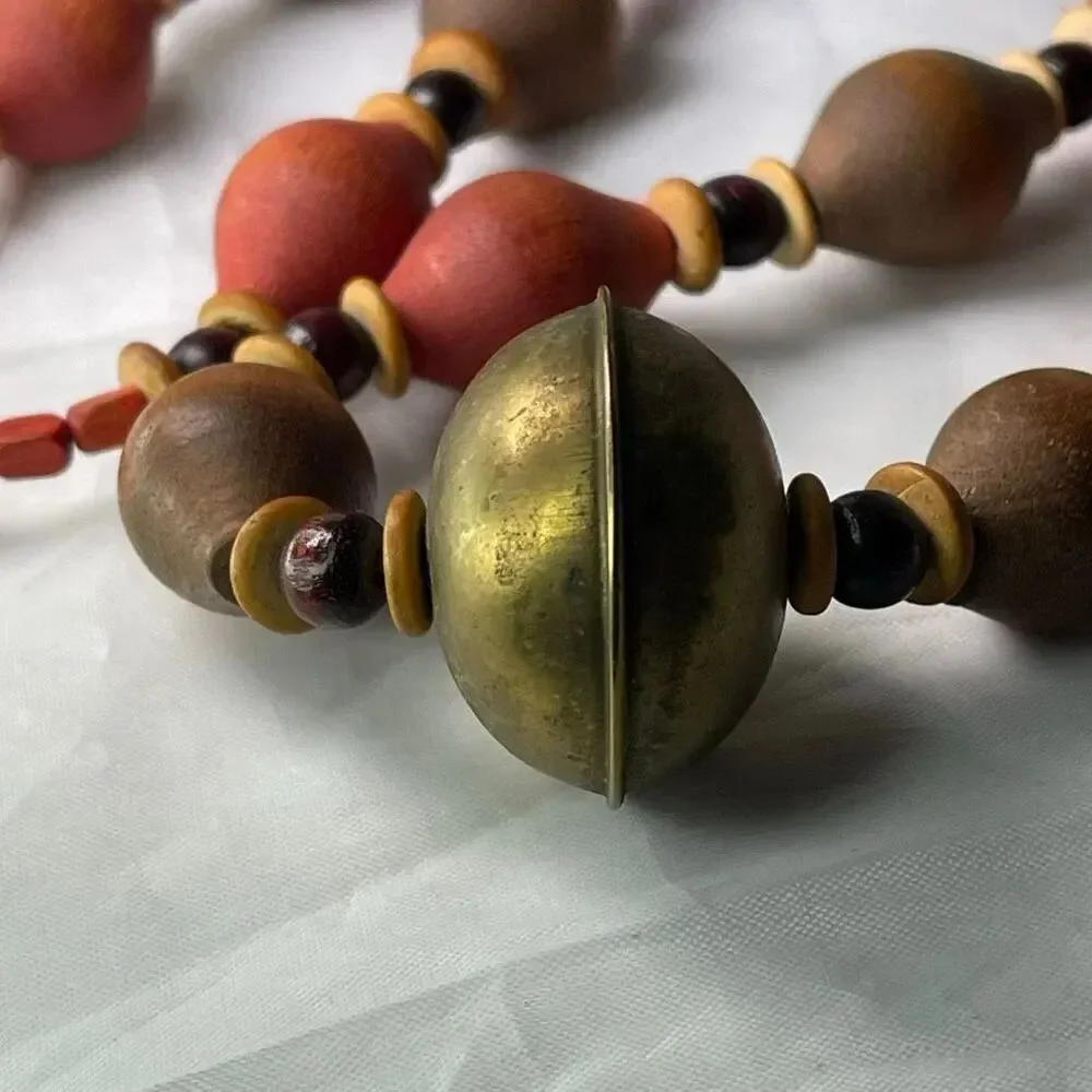 Vintage Tribal handmade wooden bone brass boho festival necklace